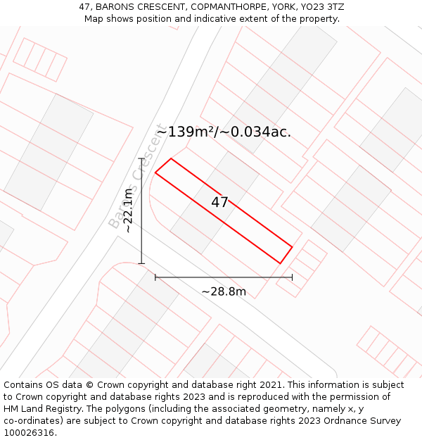 47, BARONS CRESCENT, COPMANTHORPE, YORK, YO23 3TZ: Plot and title map
