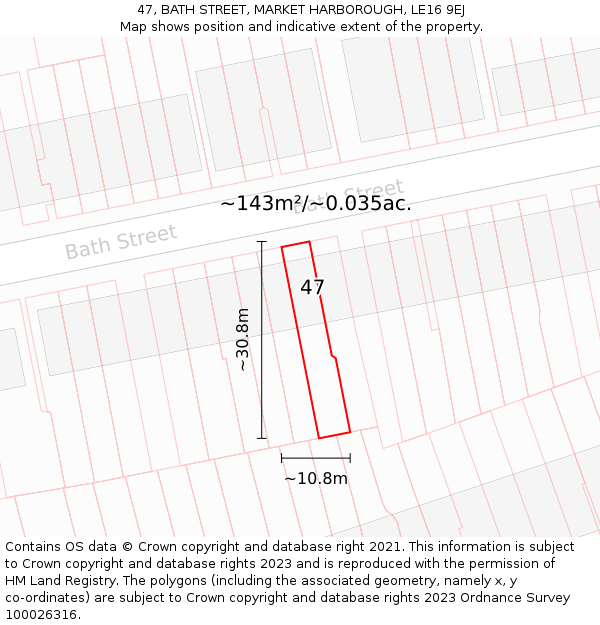 47, BATH STREET, MARKET HARBOROUGH, LE16 9EJ: Plot and title map