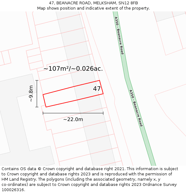 47, BEANACRE ROAD, MELKSHAM, SN12 8FB: Plot and title map