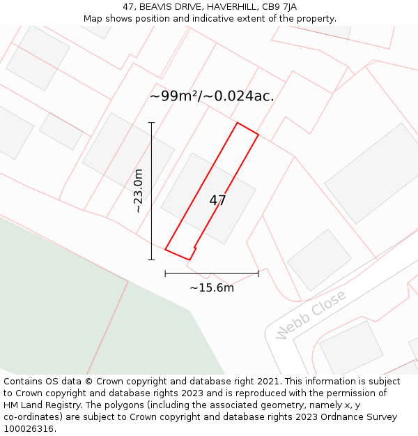 47, BEAVIS DRIVE, HAVERHILL, CB9 7JA: Plot and title map