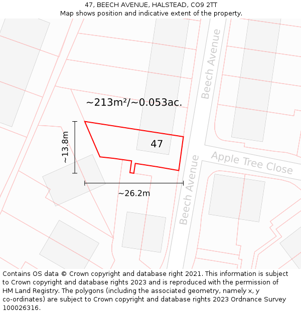47, BEECH AVENUE, HALSTEAD, CO9 2TT: Plot and title map
