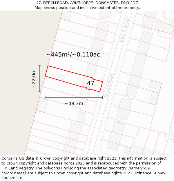 47, BEECH ROAD, ARMTHORPE, DONCASTER, DN3 2DZ: Plot and title map