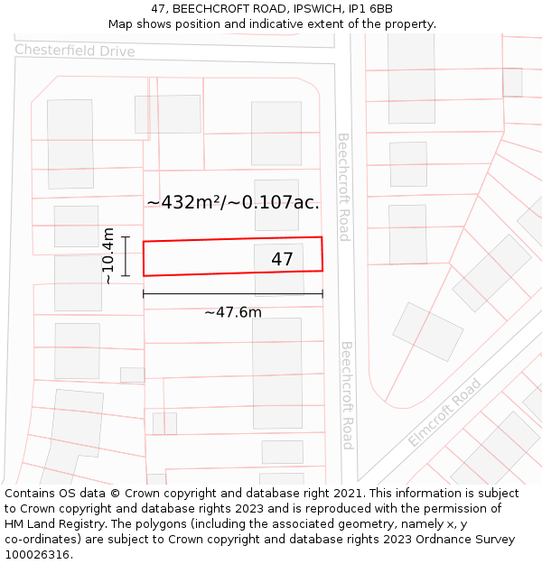 47, BEECHCROFT ROAD, IPSWICH, IP1 6BB: Plot and title map