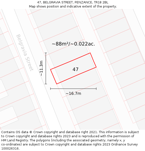 47, BELGRAVIA STREET, PENZANCE, TR18 2BL: Plot and title map