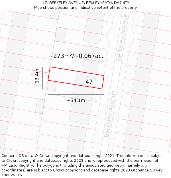 47, BERKELEY AVENUE, BEXLEYHEATH, DA7 4TY: Plot and title map