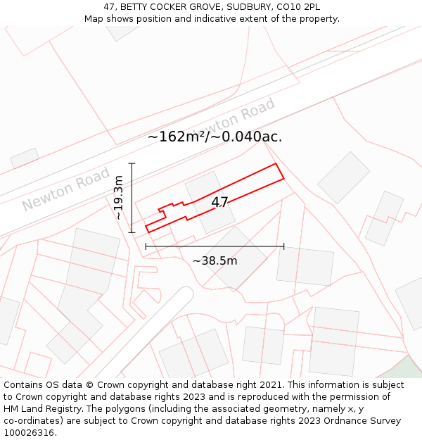 47, BETTY COCKER GROVE, SUDBURY, CO10 2PL: Plot and title map