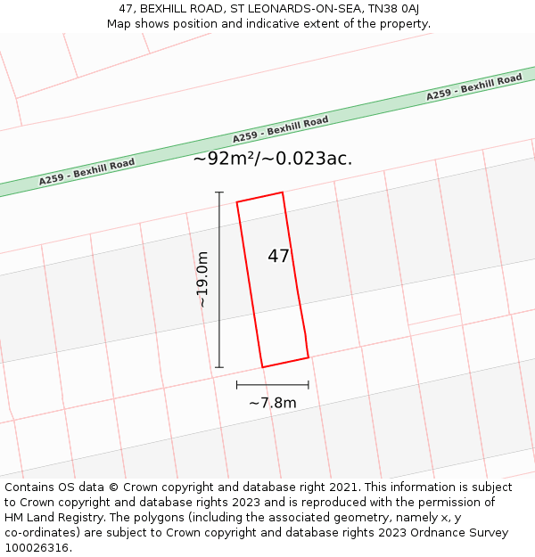 47, BEXHILL ROAD, ST LEONARDS-ON-SEA, TN38 0AJ: Plot and title map