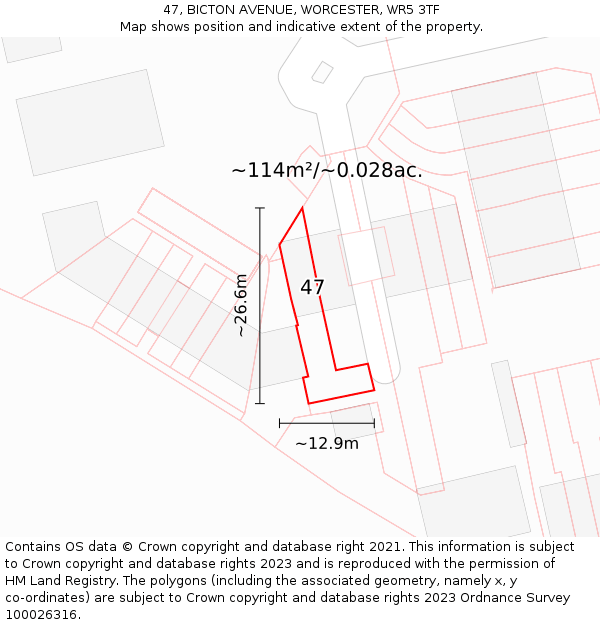47, BICTON AVENUE, WORCESTER, WR5 3TF: Plot and title map