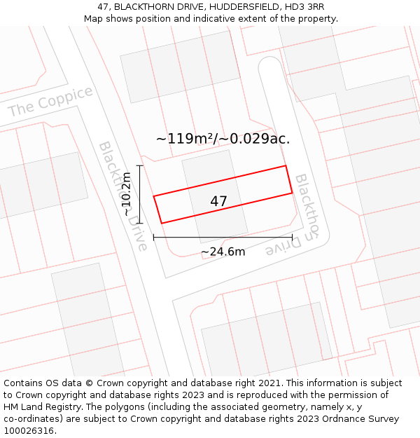 47, BLACKTHORN DRIVE, HUDDERSFIELD, HD3 3RR: Plot and title map
