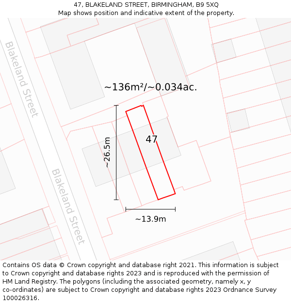 47, BLAKELAND STREET, BIRMINGHAM, B9 5XQ: Plot and title map