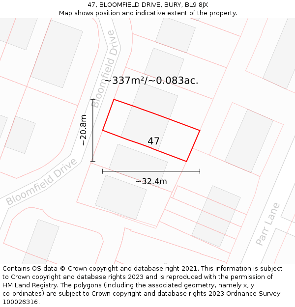 47, BLOOMFIELD DRIVE, BURY, BL9 8JX: Plot and title map
