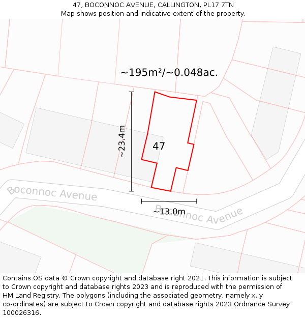 47, BOCONNOC AVENUE, CALLINGTON, PL17 7TN: Plot and title map