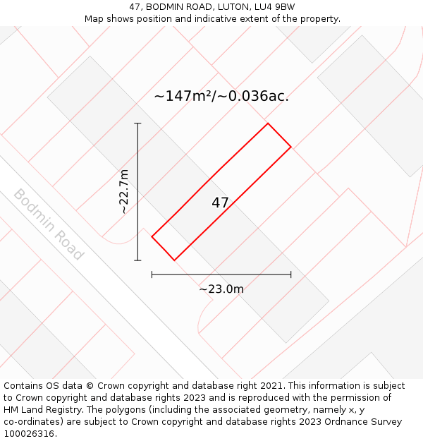 47, BODMIN ROAD, LUTON, LU4 9BW: Plot and title map