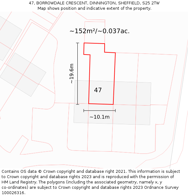 47, BORROWDALE CRESCENT, DINNINGTON, SHEFFIELD, S25 2TW: Plot and title map