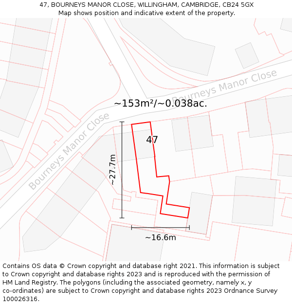 47, BOURNEYS MANOR CLOSE, WILLINGHAM, CAMBRIDGE, CB24 5GX: Plot and title map