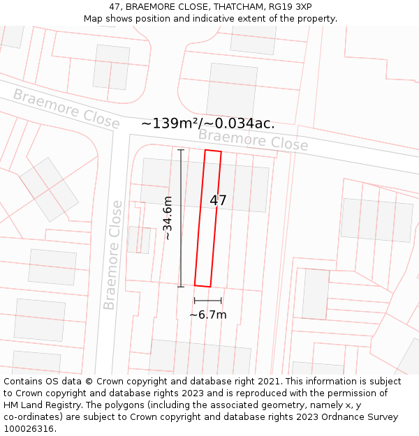 47, BRAEMORE CLOSE, THATCHAM, RG19 3XP: Plot and title map