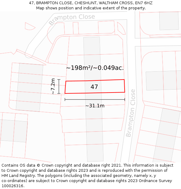 47, BRAMPTON CLOSE, CHESHUNT, WALTHAM CROSS, EN7 6HZ: Plot and title map