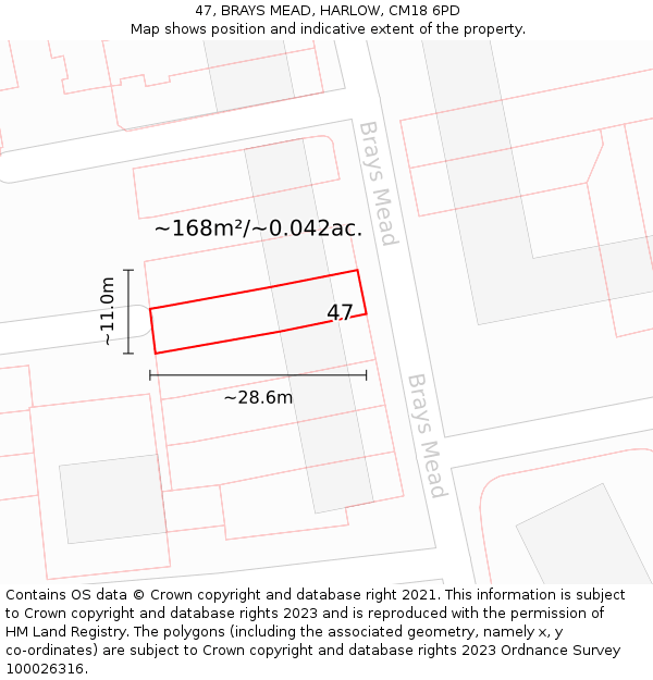 47, BRAYS MEAD, HARLOW, CM18 6PD: Plot and title map
