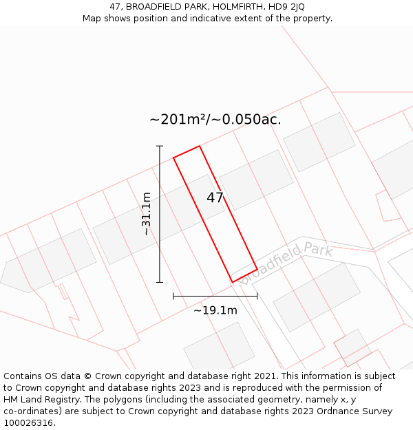 47, BROADFIELD PARK, HOLMFIRTH, HD9 2JQ: Plot and title map