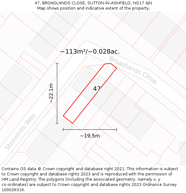 47, BROADLANDS CLOSE, SUTTON-IN-ASHFIELD, NG17 4JN: Plot and title map