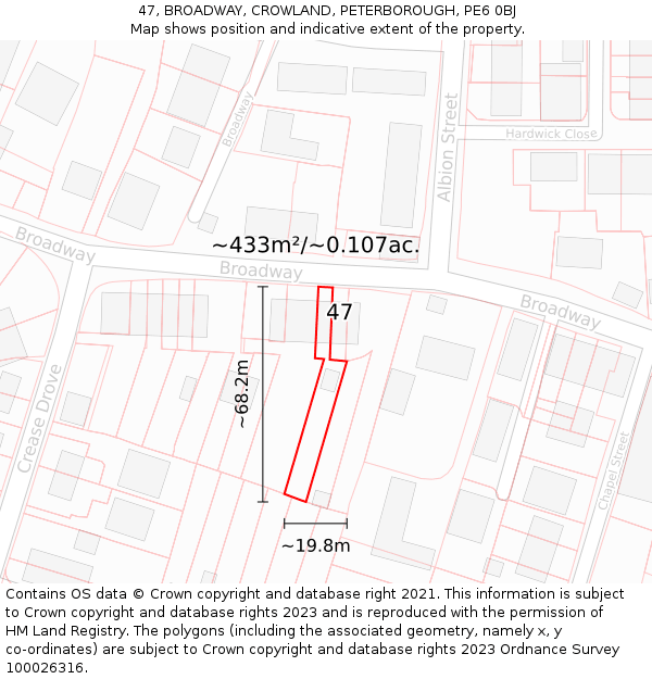 47, BROADWAY, CROWLAND, PETERBOROUGH, PE6 0BJ: Plot and title map