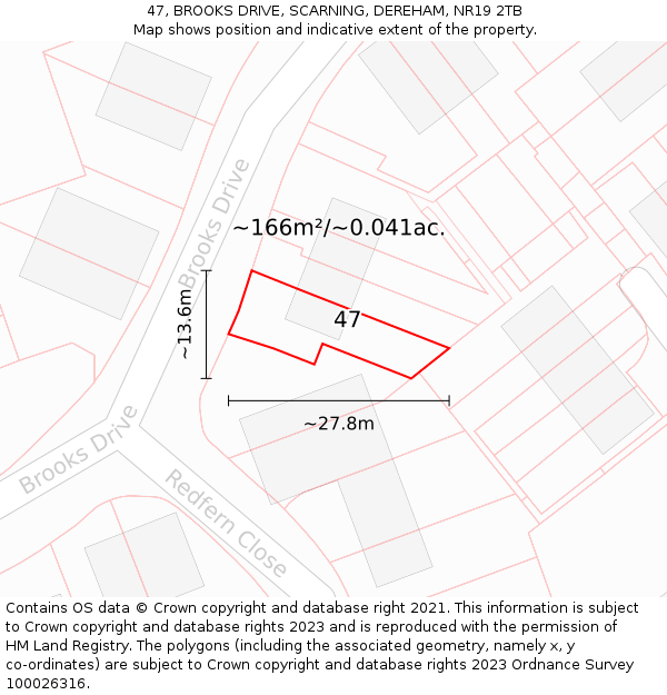 47, BROOKS DRIVE, SCARNING, DEREHAM, NR19 2TB: Plot and title map