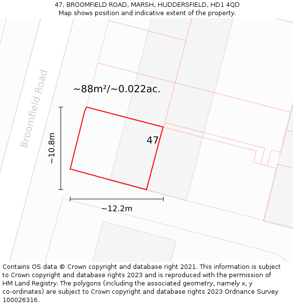 47, BROOMFIELD ROAD, MARSH, HUDDERSFIELD, HD1 4QD: Plot and title map