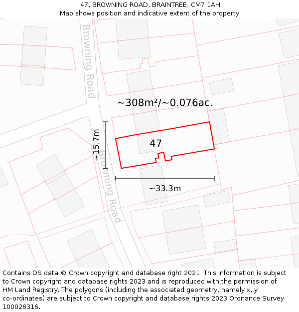 47, BROWNING ROAD, BRAINTREE, CM7 1AH: Plot and title map