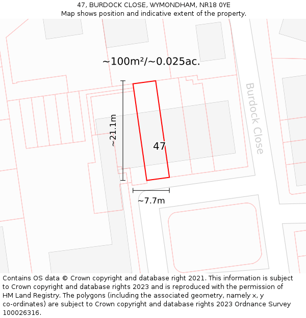 47, BURDOCK CLOSE, WYMONDHAM, NR18 0YE: Plot and title map