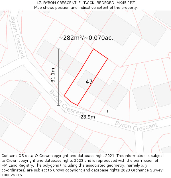 47, BYRON CRESCENT, FLITWICK, BEDFORD, MK45 1PZ: Plot and title map