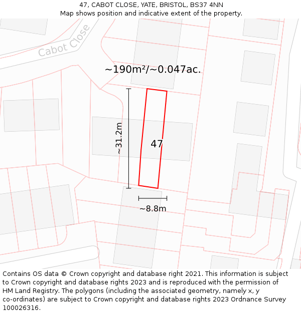 47, CABOT CLOSE, YATE, BRISTOL, BS37 4NN: Plot and title map