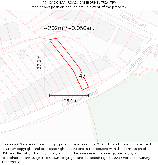 47, CADOGAN ROAD, CAMBORNE, TR14 7RY: Plot and title map