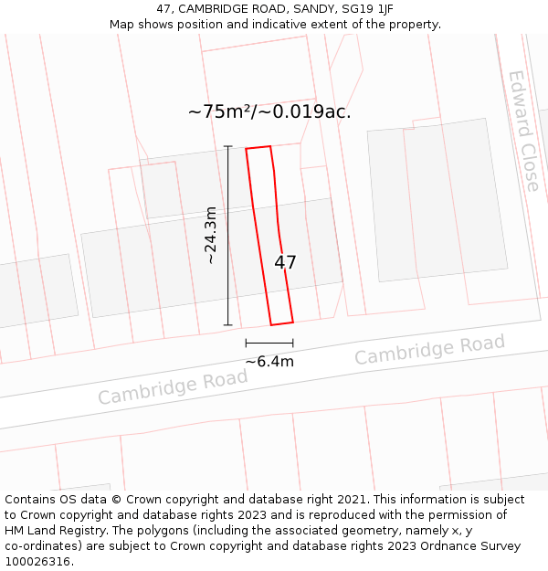 47, CAMBRIDGE ROAD, SANDY, SG19 1JF: Plot and title map