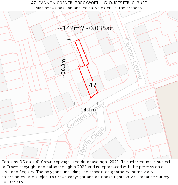47, CANNON CORNER, BROCKWORTH, GLOUCESTER, GL3 4FD: Plot and title map