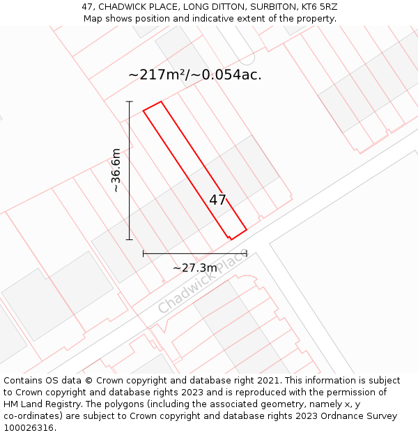 47, CHADWICK PLACE, LONG DITTON, SURBITON, KT6 5RZ: Plot and title map