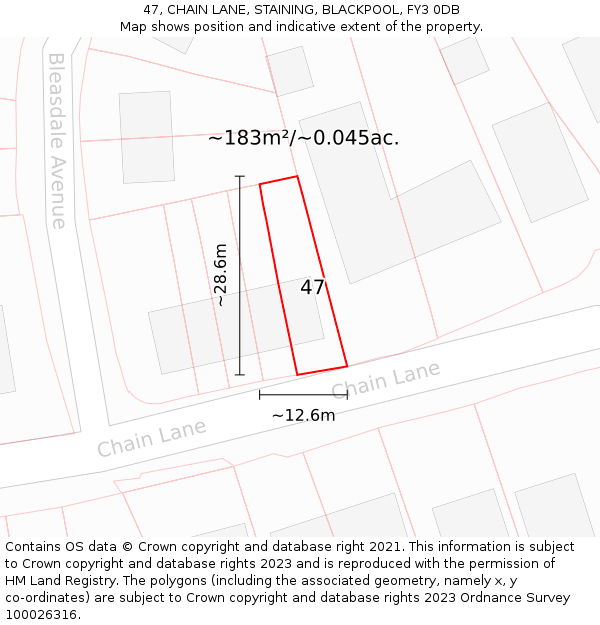 47, CHAIN LANE, STAINING, BLACKPOOL, FY3 0DB: Plot and title map