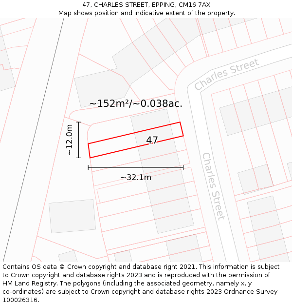 47, CHARLES STREET, EPPING, CM16 7AX: Plot and title map