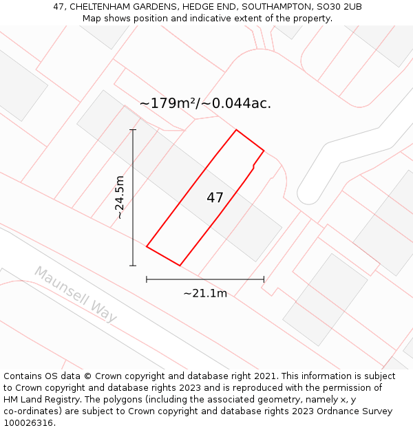 47, CHELTENHAM GARDENS, HEDGE END, SOUTHAMPTON, SO30 2UB: Plot and title map