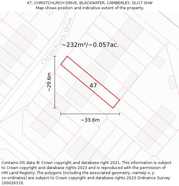 47, CHRISTCHURCH DRIVE, BLACKWATER, CAMBERLEY, GU17 0HW: Plot and title map