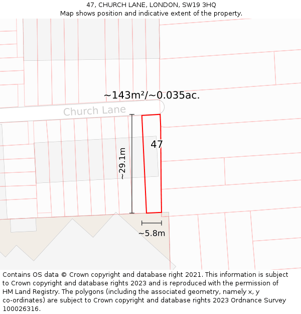 47, CHURCH LANE, LONDON, SW19 3HQ: Plot and title map