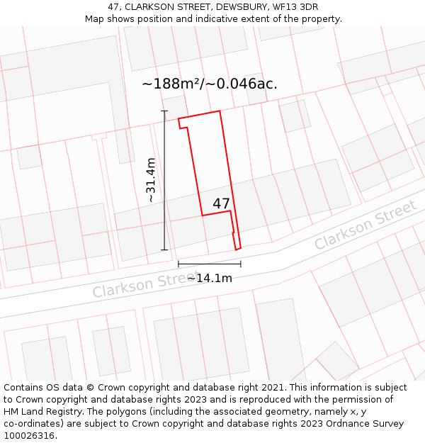 47, CLARKSON STREET, DEWSBURY, WF13 3DR: Plot and title map