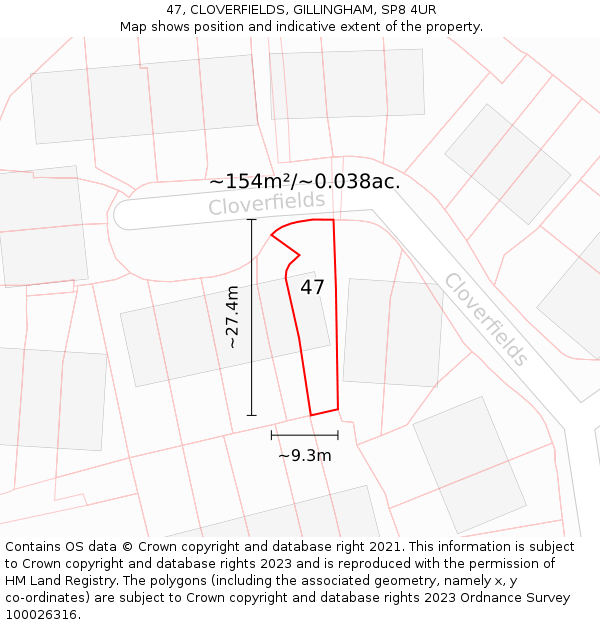 47, CLOVERFIELDS, GILLINGHAM, SP8 4UR: Plot and title map