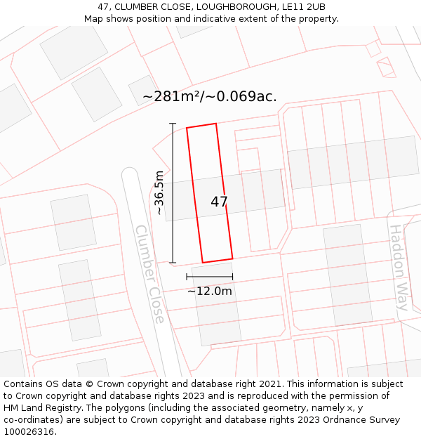 47, CLUMBER CLOSE, LOUGHBOROUGH, LE11 2UB: Plot and title map