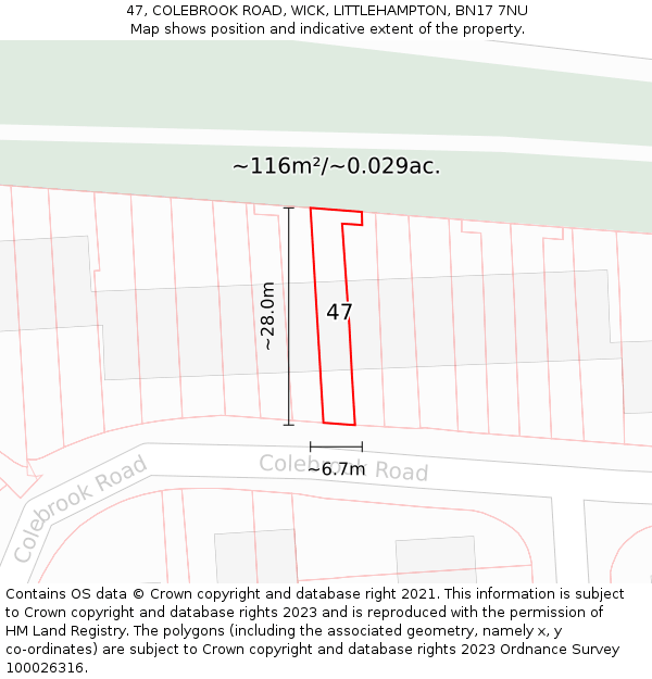 47, COLEBROOK ROAD, WICK, LITTLEHAMPTON, BN17 7NU: Plot and title map