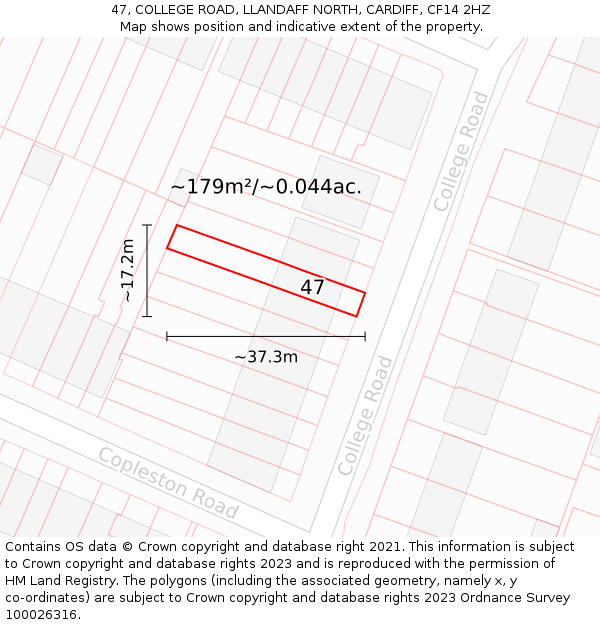 47, COLLEGE ROAD, LLANDAFF NORTH, CARDIFF, CF14 2HZ: Plot and title map