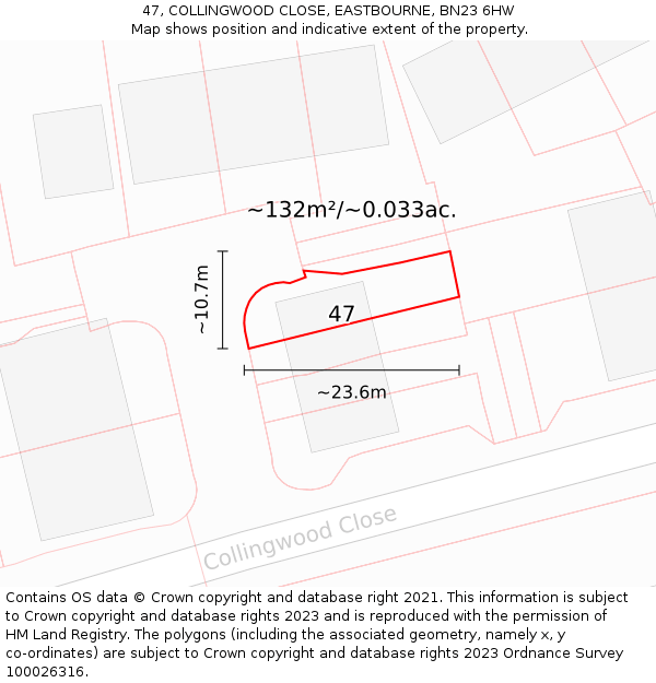 47, COLLINGWOOD CLOSE, EASTBOURNE, BN23 6HW: Plot and title map