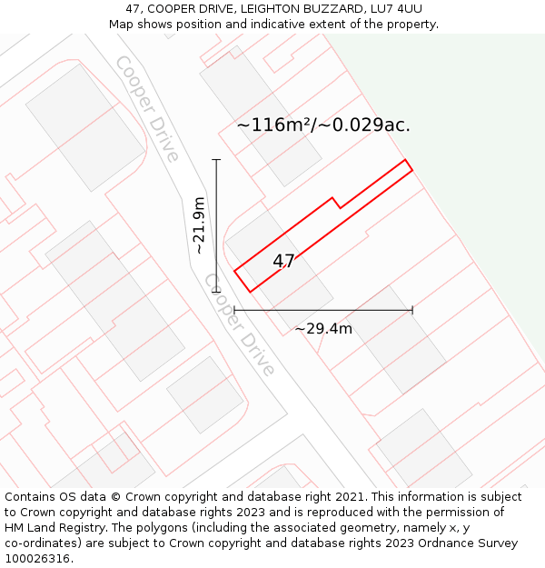 47, COOPER DRIVE, LEIGHTON BUZZARD, LU7 4UU: Plot and title map