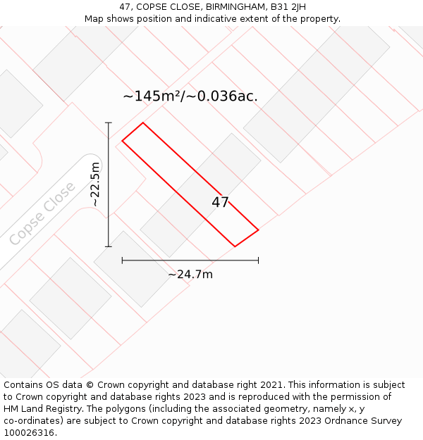 47, COPSE CLOSE, BIRMINGHAM, B31 2JH: Plot and title map