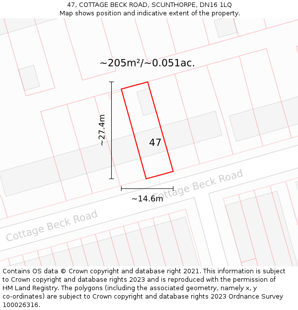 47, COTTAGE BECK ROAD, SCUNTHORPE, DN16 1LQ: Plot and title map