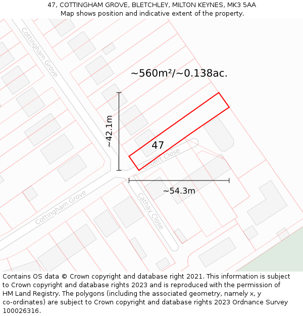 47, COTTINGHAM GROVE, BLETCHLEY, MILTON KEYNES, MK3 5AA: Plot and title map